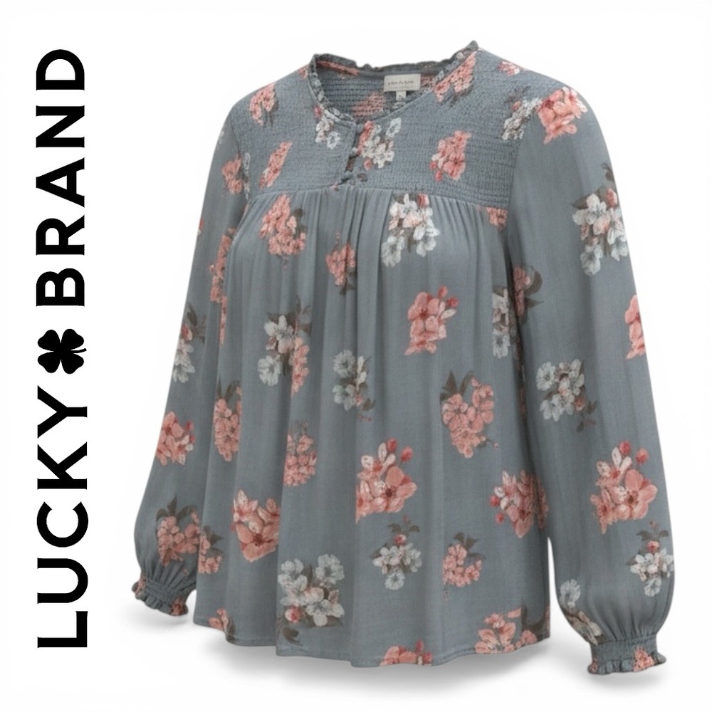 Lucky Brand Blouse Women Floral Blue Long Sleeve Size L